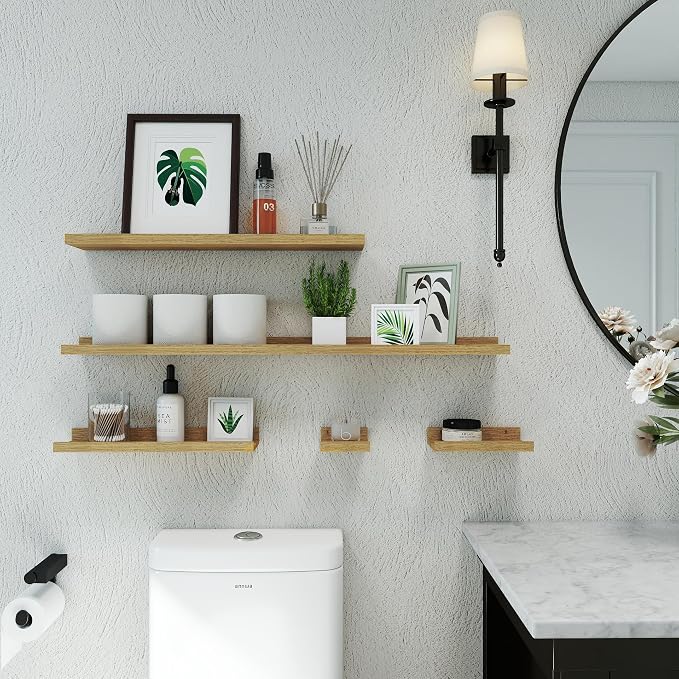 Small Floating Shelves for Wall Decor, Wall Mounted Wood Shelf for Bedroom, Living Room, Bathroom, Kitchen, Nursery, Display Picture Ledge Shelf with Lip Set of 2-8 Inches, Oak