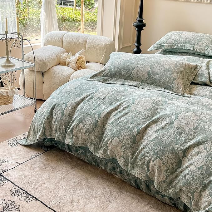 VM VOUGEMARKET Jacquard Flower Duvet Cover King with 2 Pillow Shams,Sage Green Bedding Set,Soft Breathable Yarn-Dyed Cotton Comforter Cover with Zipper Closure-King