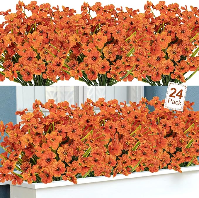 Ouddy Decor 24 Bundles Artificial Fall Flowers for Outdoors Fake Mums Fall Silk Flowers UV Resistant Faux Plastic Plants for Indoor Outdoor Vase Box Garden Porch Window Box Home Autumn Decor, Orange