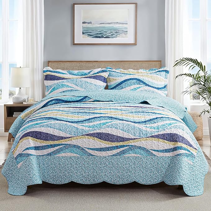 HoneiLife Queen Bedspreads Oversized - 106"x106" Coastal Quilt Sets, Beach Quilt 3-Piece, Nautical Bedspreads Ocean Coverlets, Lightweight Bed Cover, Summer Quilts
