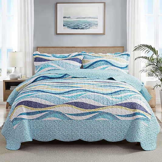 HoneiLife California King Quilt 120x120 - Beach Quilt 3 Pieces, Coastal Quilt Sets, Oversized King Bedspreads, Nautical Bedspreads Ocean Coverlets, Lightweight Bed Cover, Summer Quilts