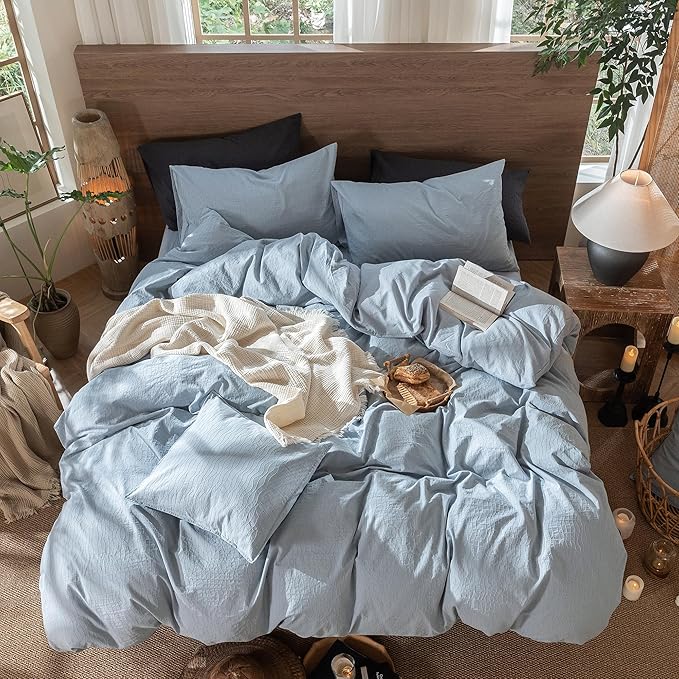 MooMee Wavy Striped Duvet Cover Set 100% Washed Cotton Linen Like Textured Breathable Durable Soft Comfy (Cornflower Blue, King 104"x90")