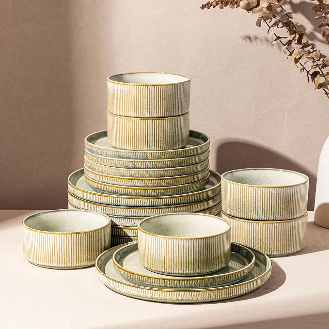GBHOME 18-Piece Stoneware Dinnerware Set for 6 – Ribbed Ceramic Plates and Bowls, Scratch-Resistant, Microwave & Dishwasher Safe, Reactive Glaze, Desert Sage