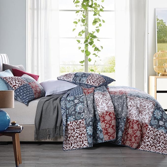 Yvooxny Quilts Queen Size 3-Piece Quilt Set Real Patchwork Bedspread Coverlet Set Quilted Bedding Set with Pillowcases for All Seasons, Farmhouse Bohemian Style