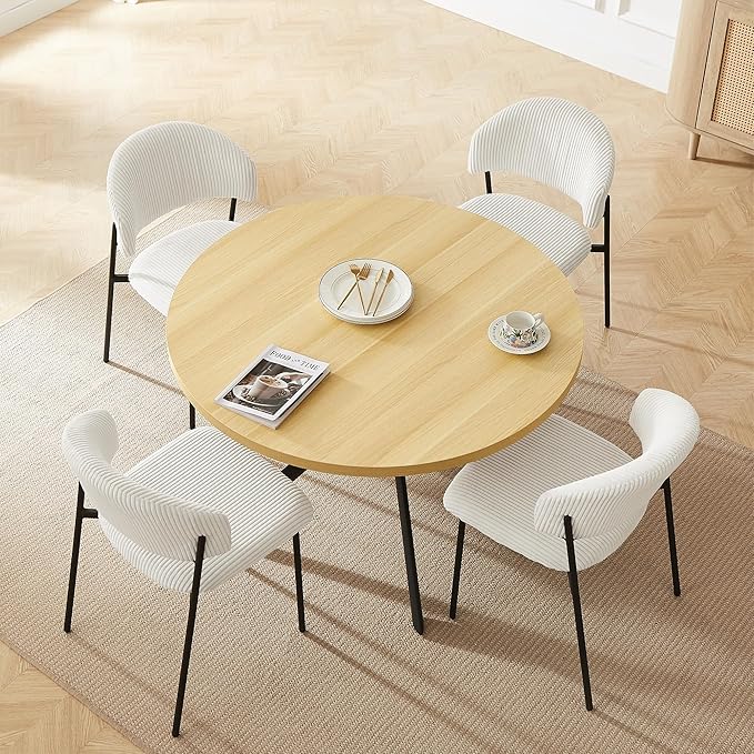 HIPIHOM 45.3 Inch Round Dining Table Set for 4, Mid Century Modern Small Coffee Set for Dining Room Kitchen Apartment (Cream Table + 4 White Shell Chairs)