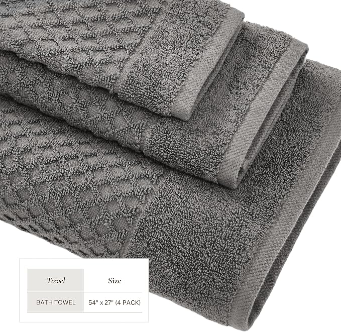 Great Bay Home Bath Towels - 100% Cotton 4 Pack 54x27 Bath Towel Set - Absorbent, Durable, Quick-Dry Towels for Bathroom (Dark Grey)