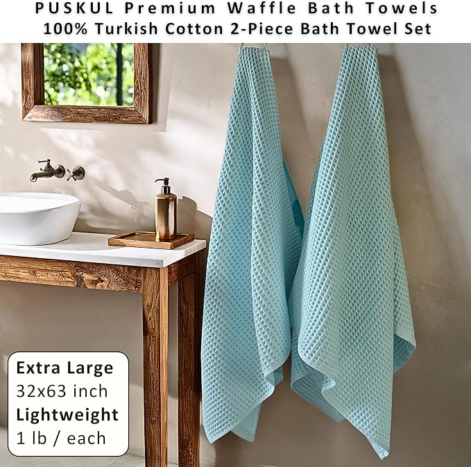 PÜSKÜL Natural 100% Turkish Cotton Waffle Bath Towels Set of 2-Piece | 32x63 Extra Large Absorbent Quick-Dry Lightweight Spa Towel | Luxury Sauna Accessories (Aqua Turquoise Bath Towels - Pack of 2)