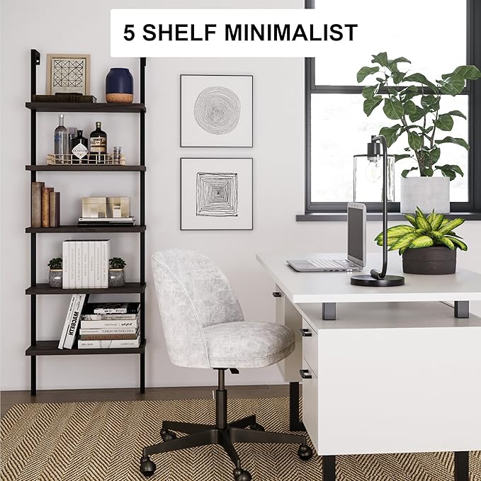 Nathan James Theo 5-Shelf Wood Modern Bookcase, Open Wall Mount Ladder Bookshelf with Industrial Metal Frame, Dark Brown Nutmeg/Black