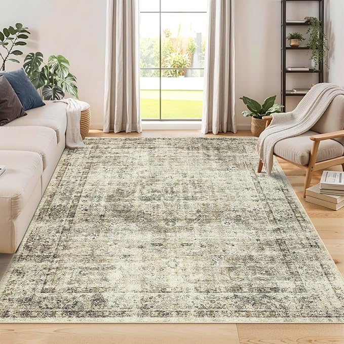 Washable 5x7 Area Rugs for Living Room Low Pile Boho Small Carpet Soft Bedroom Rug Vintage Distressed Indoor Rugs Non Shedding Thin Retro Carpet for Kitchen Nursery Dining Room, Green