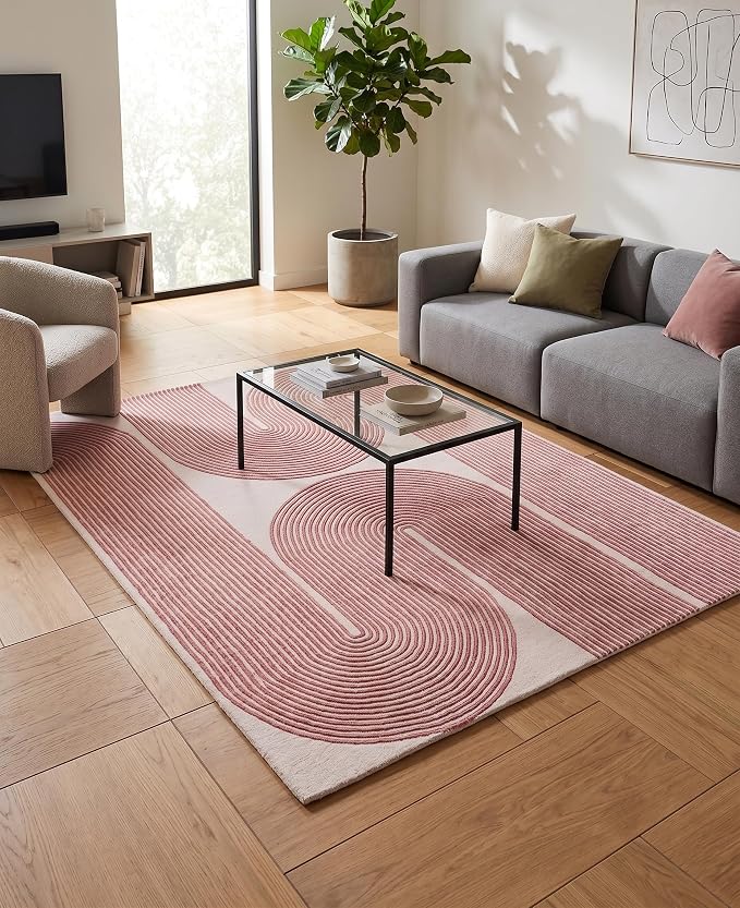 Modern Handmade Wool Area Rug, Abstract Curved Line Geometric Indoor Carpet for Living Room Bedroom, Contemporary Tufted Rug with Soft Pile and Cotton Backing (Dusty Rose, 6' x 9')