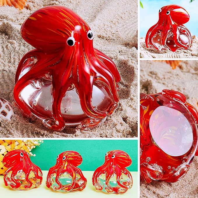 EUSTUMA Hand Blown Glass Octopus Figurine Ornament,Sea Animal Ornament for Fish Tank Aquarium,Sea Animals Collection for Birthday Gift,Glass Office Paperweight for Desk.