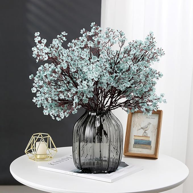 Babys Breath Silk Artificial Flowers Bulk With Vase 10pcs for Fall Decor Fake flower bouquet Bulk for Home Kitchen Indoor Bouquet Floral Arrangement Table Centerpieces Party Decor(Grey Blue)