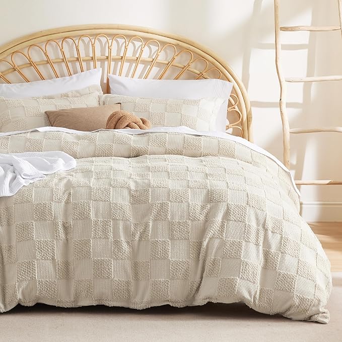 Bedsure Boho Kids Duvet Cover King Size（Duvet Insert/Comforter not Included - Checkered King Duvet Cover for All Seasons, Soft Shabby Chic Boho Bedding (Beige, 104" x 90")