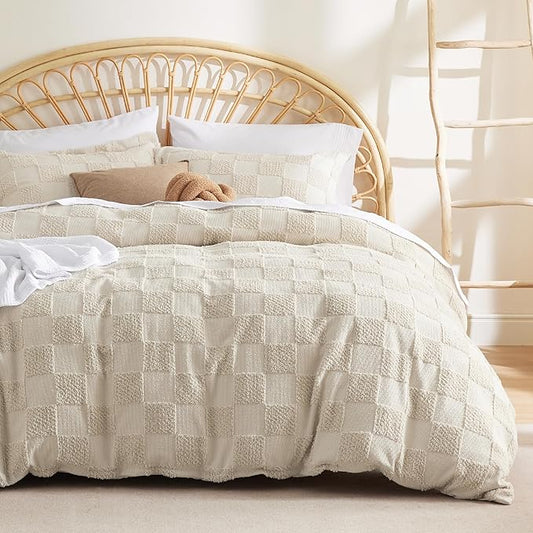 Bedsure Boho Kids Duvet Cover King Size（Duvet Insert/Comforter not Included - Checkered King Duvet Cover for All Seasons, Soft Shabby Chic Boho Bedding (Beige, 104" x 90")