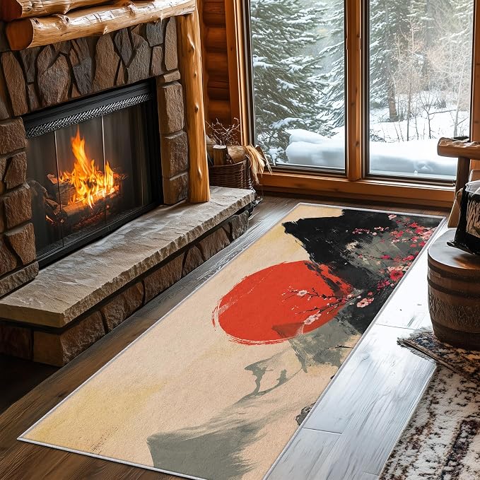 Japanese Runner Rug 3x6, Red Sun Cherry Blossom Mountain Landscape Design, Traditional Asian Art Area Rug, Washable Carpet Runner for Bedroom, Standard Hallways, Kitchen Walkway, Dining Room Sideboard