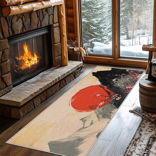 Japanese Runner Rug 4x11, Red Sun Cherry Blossom Mountain Landscape Design, Traditional Asian Art Area Rug, Washable Non-Slip Floor Carpet Runner for Bedroom, Dining Room, Living Room Aisle