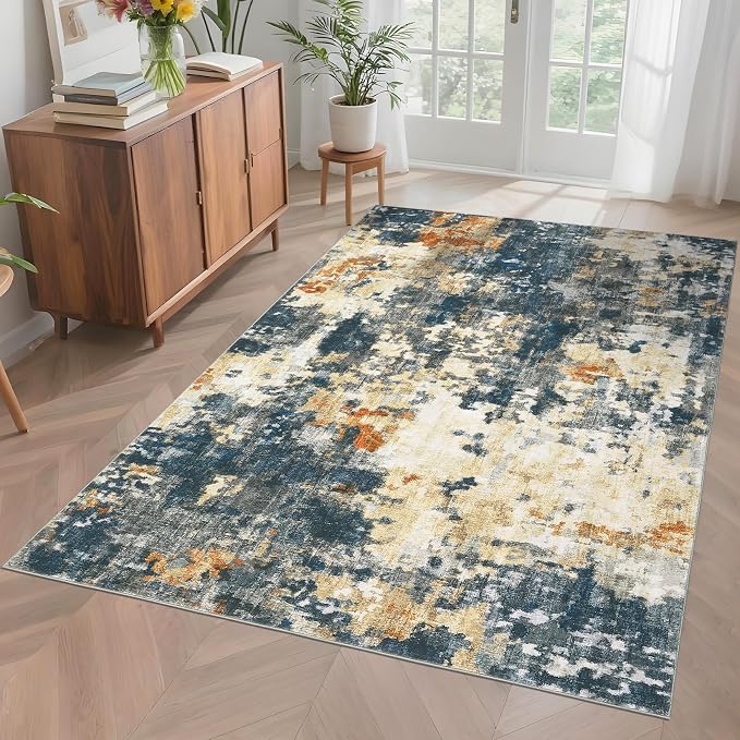 Washable 5x7 Area Rugs for Living Room Low Pile Small Carpet Soft Bedroom Rug Modern Abstract Carpet Non Shedding Thin Colorful Carpets Contemporary Floor Mats for Kitchen Nursery, Blue Yellow