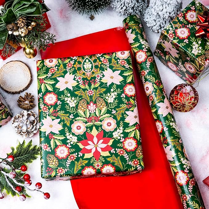 MAYPLUSS Christmas Wrapping Paper Roll - 17IN X 33FT - Vintage Gift Wrapping Paper Featuring Christmas Flower Against Green Reversible Red for Kids, Holiday, New Year