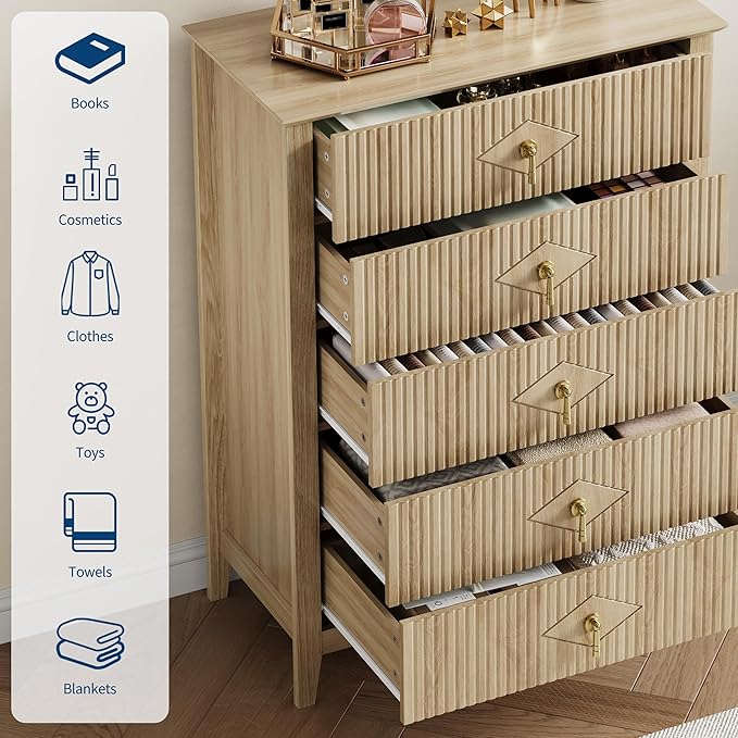 GarveeHome Fluted Dresser for Bedroom, 42.9" Tall 5-Drawer Wood Dresser, Modern Chest of Drawers, Storage Organizer Cabinet for Living Room, Hallway, Entryway, Natural Oak