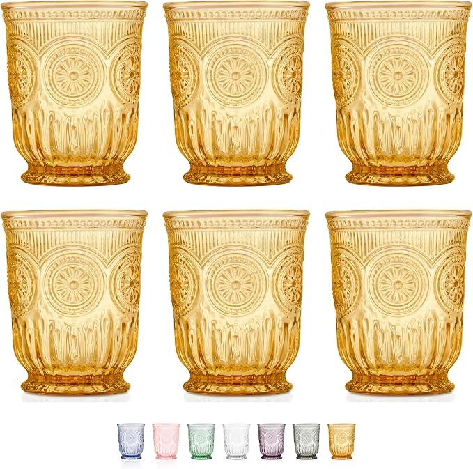 Amber Small Drinking Glasses Set of 6 Vintage Hobnail 8 oz