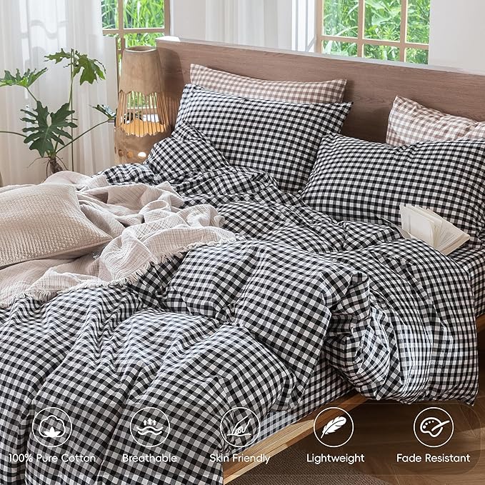 MooMee Gingham Duvet Cover Set 100% Washed Cotton Linen Like Textured Breathable Durable Soft Comfy Modern Checkered Design (Black White Gingham, Super Queen 90"x98")