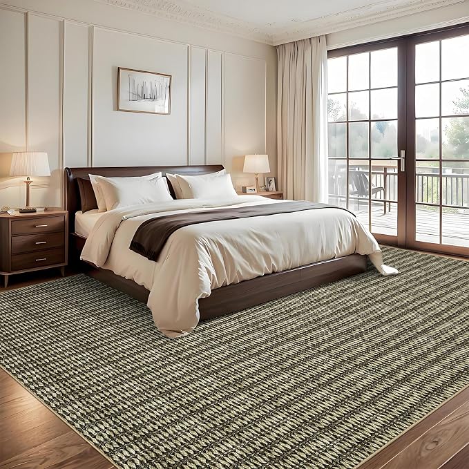 Washable 10x13 Modern Braided Print Area Rug for Living Room Low Pile Soft Bedroom Rugs Non Slip Modern Large Carpet Thin Foldable Boho Vintage Indoor Carpet for Playroom Open Living Room, Taupe