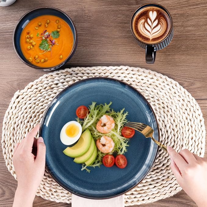 GBHOME Ceramic Dinnerware Sets for 4, 12 Pieces Stoneware Plates and Bowls Sets, Scratch Resistant Dishes, Dishwasher & Microwave Safe, Reactive Glaze-Pacific Blue
