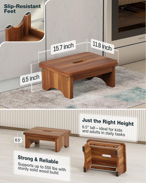 FANATU Wooden Step Stool - Heavy-Duty 6.5'' Portable Support with 550 Lbs Capacity | Non-Slip Design for Kitchen & Bedroom