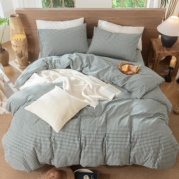 MooMee Gingham Duvet Cover Set 100% Washed Cotton Linen Like Textured Breathable Durable Soft Comfy Modern Checkered Design (Mini Gingham Forest Green, Full 80"x90")