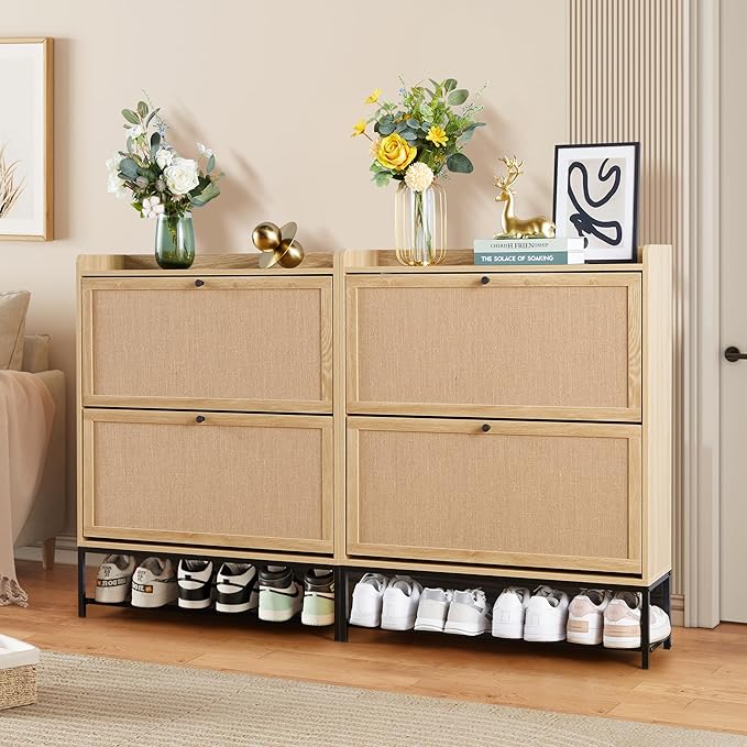 LEVNARY Shoe Cabinet Set of 2, Wooden Narrow Shoe Racks Cabinet Storage with 2 Flip Drawers, Hidden Freestanding Shoe Organizer for Hallway, Entryway, Home (2, Natural Oak)