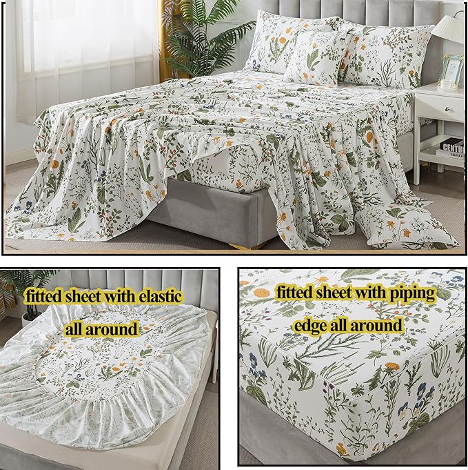 FADFAY 100% Egyptian Cotton Sheets Queen Botanical Printed Floral Sheets Yellow Flowers & Leaves Pattern Farmhouse Bedding Soft and Breathable French Country Bedding 4Pcs Deep Pocket Queen Sheet Set
