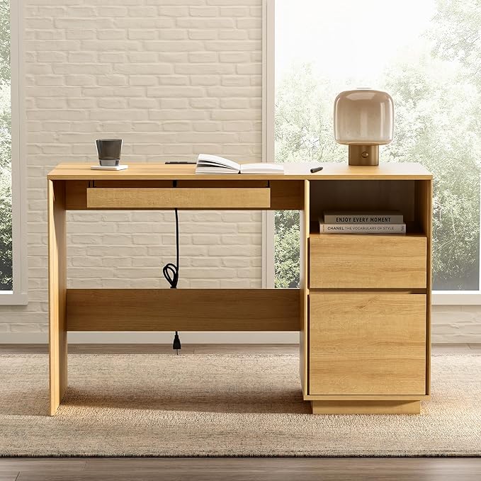 Home Office Desk, 47" Farmhouse Executive Desk with File Drawer & Outlet, Wood Computer Desks with Keyboard Tray, Workspace for Study Writing, Natural Oak