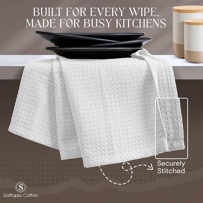 White Waffle Kitchen Towels Set of 4-100% Cotton, Super Absorbent, Soft, Quick Drying, 16x26 Inches, with Hanging Loop, Perfect for Dish Drying, Cleaning, Bar & Everyday Use