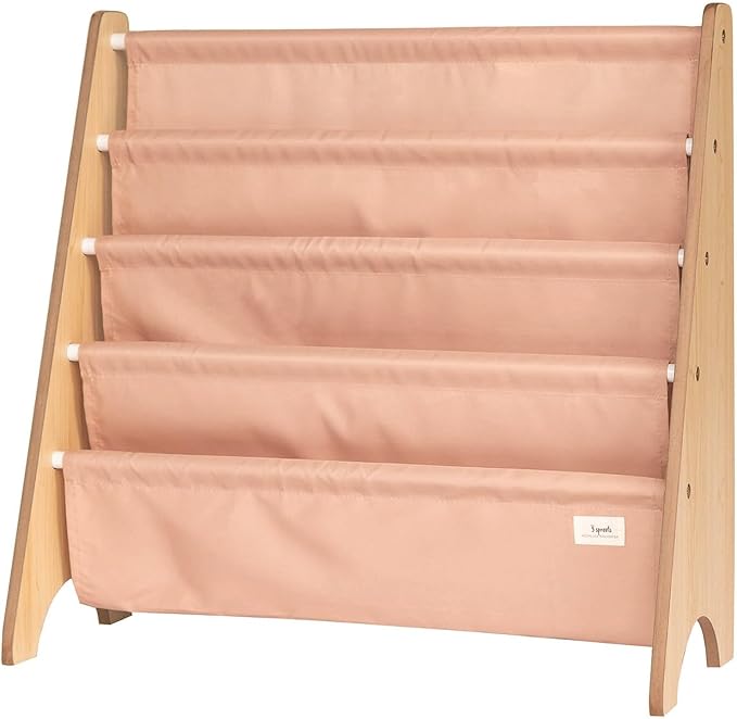 3 Sprouts Recycled Fabric Kids Bookshelf – 4-Tier Sling Book Rack Organizer - Nursery Room Playroom Classroom Wooden Book Shelves - Kid Bookcase Wood Storage Shelf for Toddler Age 3+ - Clay