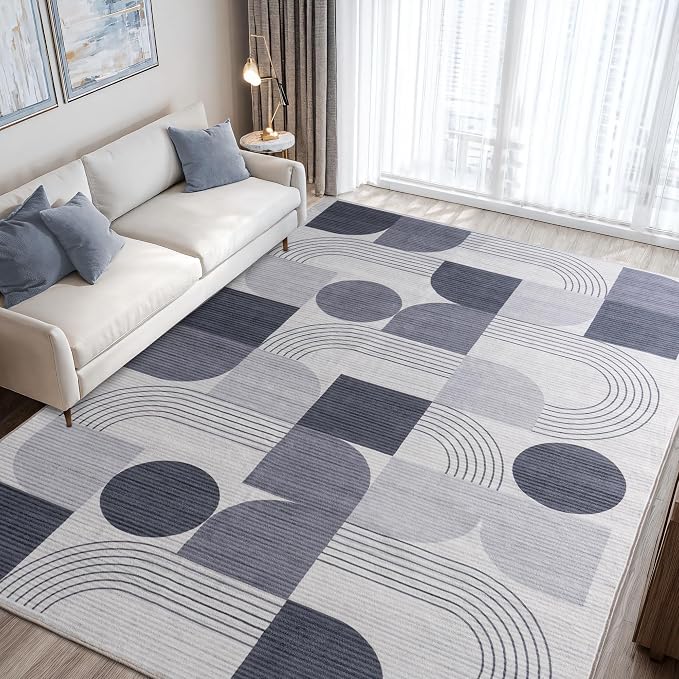 Large Machine Washable 6x9 Area Rug, Soft Modern Geometric Abstract Grey Rugs for Bedroom Living Room, Non-Shedding Faux Wool Indoor Throw Floor Carpet for Office Entryway Dining Room Decor