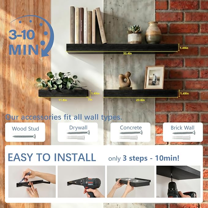 Floating Shelves for Wall, Bathroom Shelves Over Toilet, Wall Shelves & Book Shelf for Room, Hanging Shelf, Modern Wooden Mounted Floating Shelves, 24x7x1.5 in (Black, Set of 3)