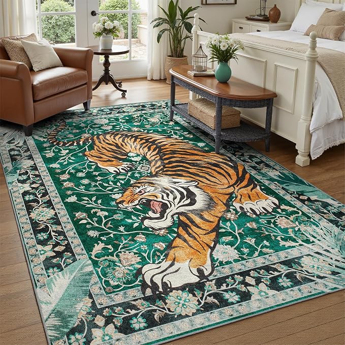 DCX Washable 6x9 Tiger Area Rug, Green Vintage Animal Rug for Living Room, Soft Low Pile Carpet, Kid & Pet Friendly with Rubber Back Non Slip, Stain Resistant Rug for Bedroom Dining Room Office