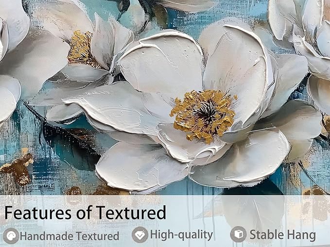Ardemy Flower Wall Art for Living Room White Floral Canvas Art Wall Decor, Magnolia Teal Picture Textured Extra Large Painting Turquoise Artwork Bedroom Dining Room Kitchen Home Office 58"x29"