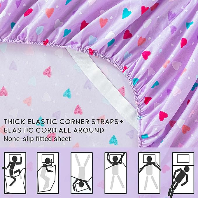 Viviland 4 Pieces Girls Purple Full Sheet Set - Soft Microfiber Fitted Flat Sheets & Pillowcases - Colorful Hearts Printed Bedding Sets - for Kids & Toddlers