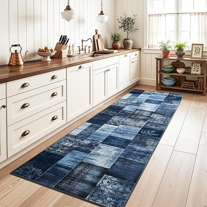 Tepook Modern Runner Rug for Living Room, 2x6 Washable Rugs for Bedroom Hallway, Geometric Patchwork Runner Rug Non-Slip Indoor Throw Carpet for Entryway Kitchen Office Home Decor, Blue