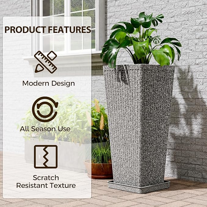 Tapered Tall Planters for Outdoor Plants 2 Pack- 23.6 Inch Heavy-Duty Classic Square Indoor Flower Pots with Drainage Holes/Partition/Tray, Large Outdoor Planters for Porch Patio, Gray