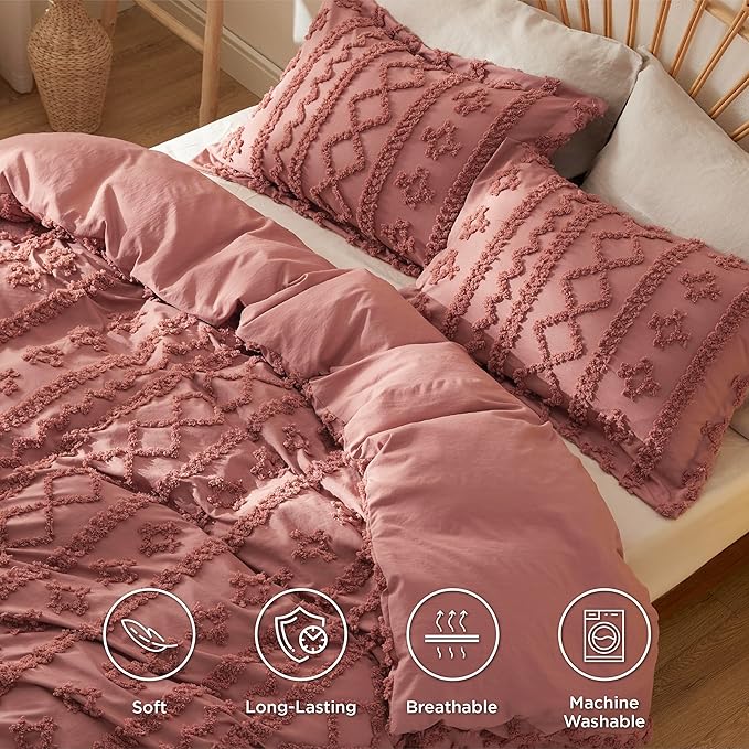 Bedsure Boho Duvet Cover Queen Size, Soft & Comfortable Elegant Design Boho Bedding for Decoration, Machine Washable Comforter Cover for All Seasons,Includes 1 Duvet Cover & 2 Pillow Shams,Pink