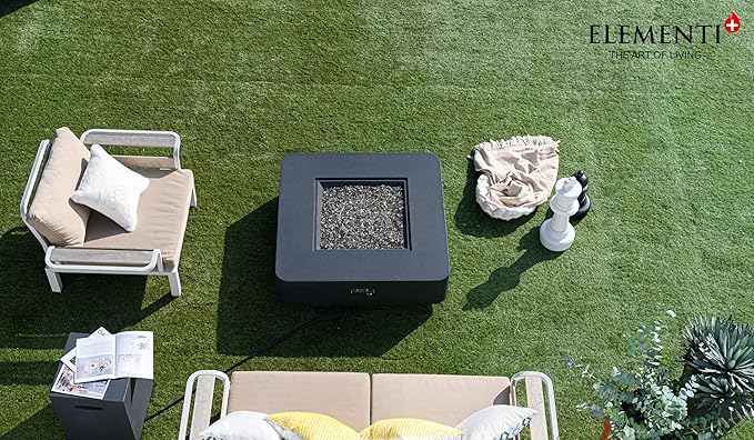 Elementi+ | Bergamo Gas Fire Pit Cast Concrete 42" Square Fire Table, Outdoor Fire Pit Electronic Ignition | Canvas Cover, Fire Glass and Burner Lid Included | Dark Gray | Natural Gas
