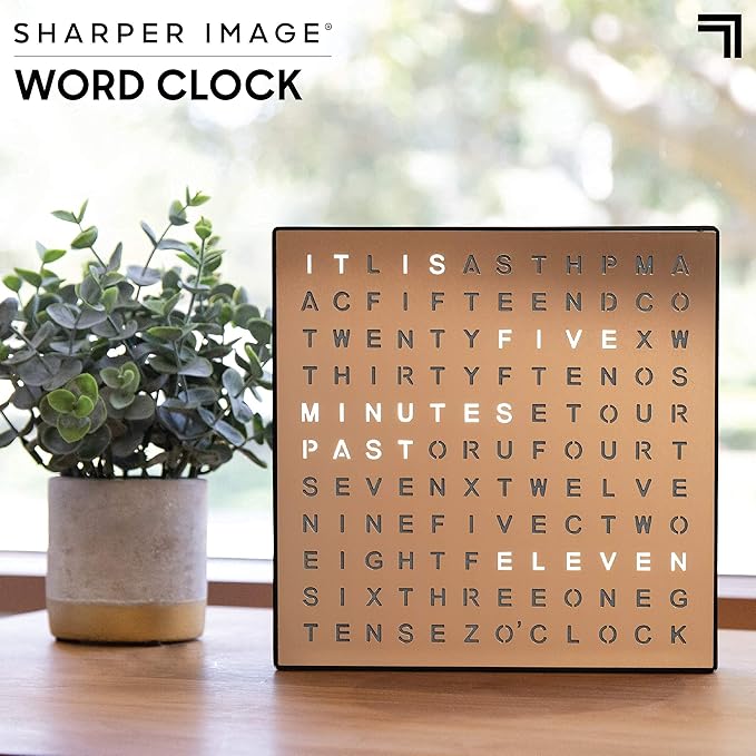 Sharper Image LED Word Digital Clock, 7.75", Copper Finish, Light-Up Desk & Wall Clock, Modern Time Display, Shelf or Wall Decor for Home Office, Living Room, Kitchen & Bedroom, Housewarming Gift
