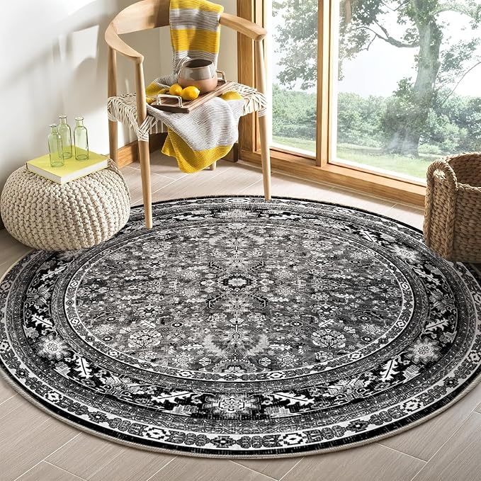 OPPODREAM Vintage Black Round Rug 5ft, 5 ft Retro Washable Circle Rug Non Slip, Low-Pile Faux Wool Circular Carpet, Distressed Floor Mat for Living Room, Bedroom, Office, Dorm, Dinning Room