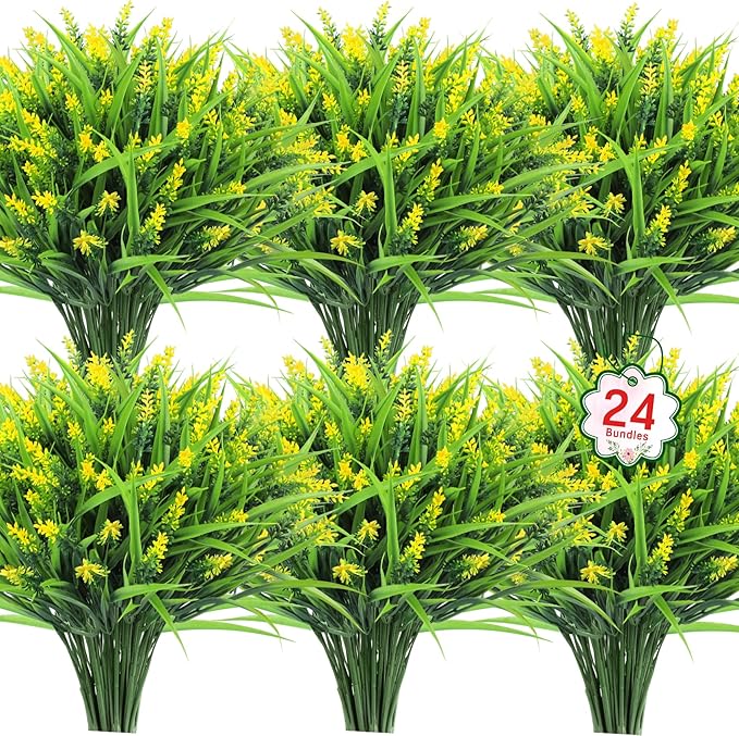 Ouddy Decor 24 Bundles Artificial Flowers for Outdoors, Fake Lavender Flowers Monkey Grass Faux Plastic Plants Shrubs UV Resistant for Porch Garden Window Box Office Home Decorations, Yellow