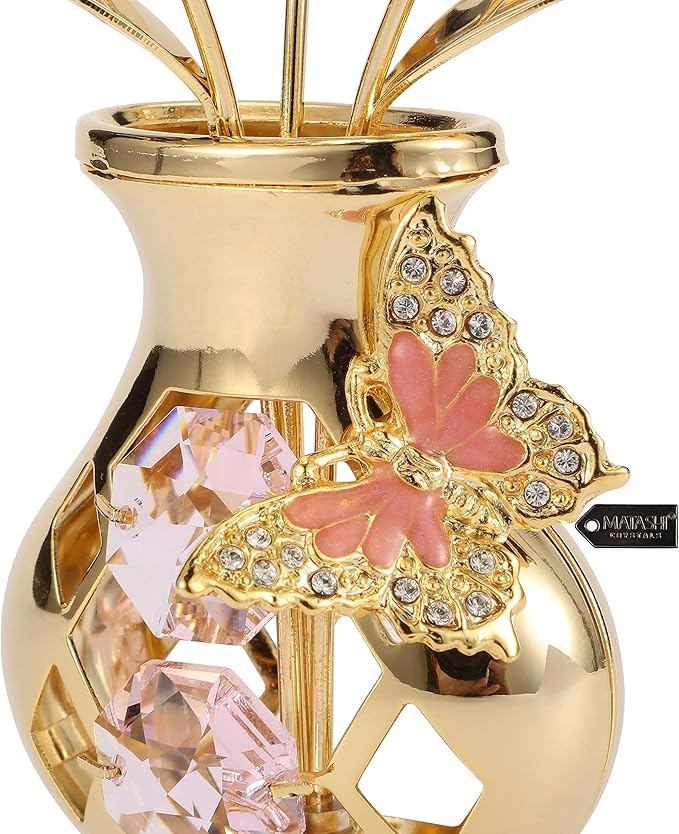 Matashi 24K Gold Plated Flower Ornament with Pink Crystals & Butterfly – Elegant Vase Décor – Perfect Christmas, Valentine’s for Her, Mom, Wife, Grandma