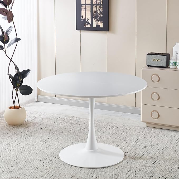 KEIKI 42.1" Round Dining Table, Mid Century Modern Bistro Table with Thickened MDF Tabletop & Metal Pedestal, for 4-6 People, Small Places, Cafe, Kitchen, Living Room, White