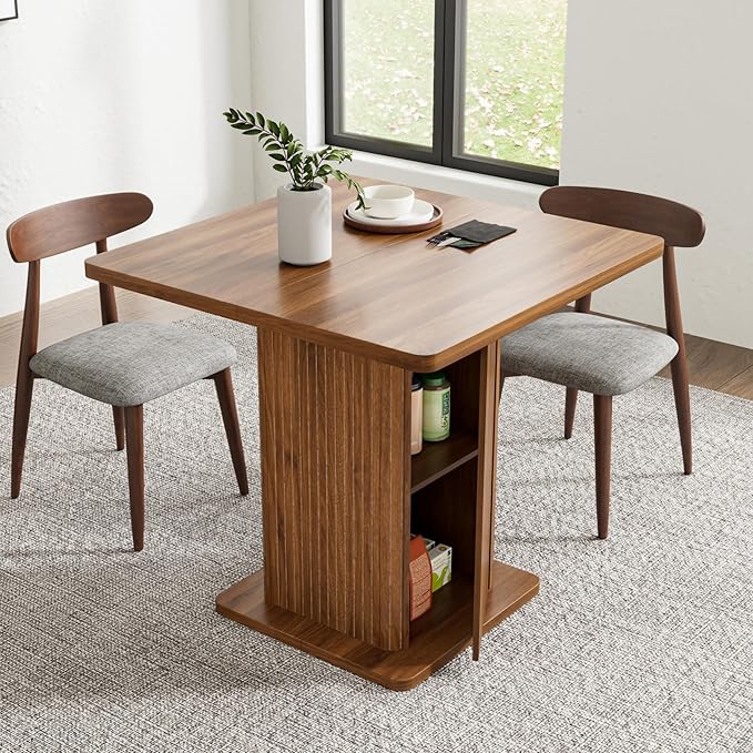 Small Square Dining Table for 2-4, 31.5 Inch Farmhouse Kitchen Table with 2-Tier Storage Shelf, Modern Wood Dinner Furniture with Fluted Doors, Dining Room, Living Room, Space Saving, Walnut