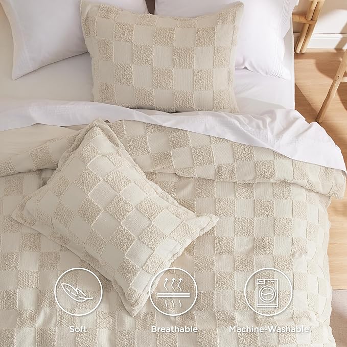 Bedsure Boho Kids Duvet Cover Queen Size（Duvet Insert/Comforter not Included - Checkered Duvet Cover Queenfor All Seasons,Soft Shabby Chic Boho Bedding (Beige, 90" x 90")